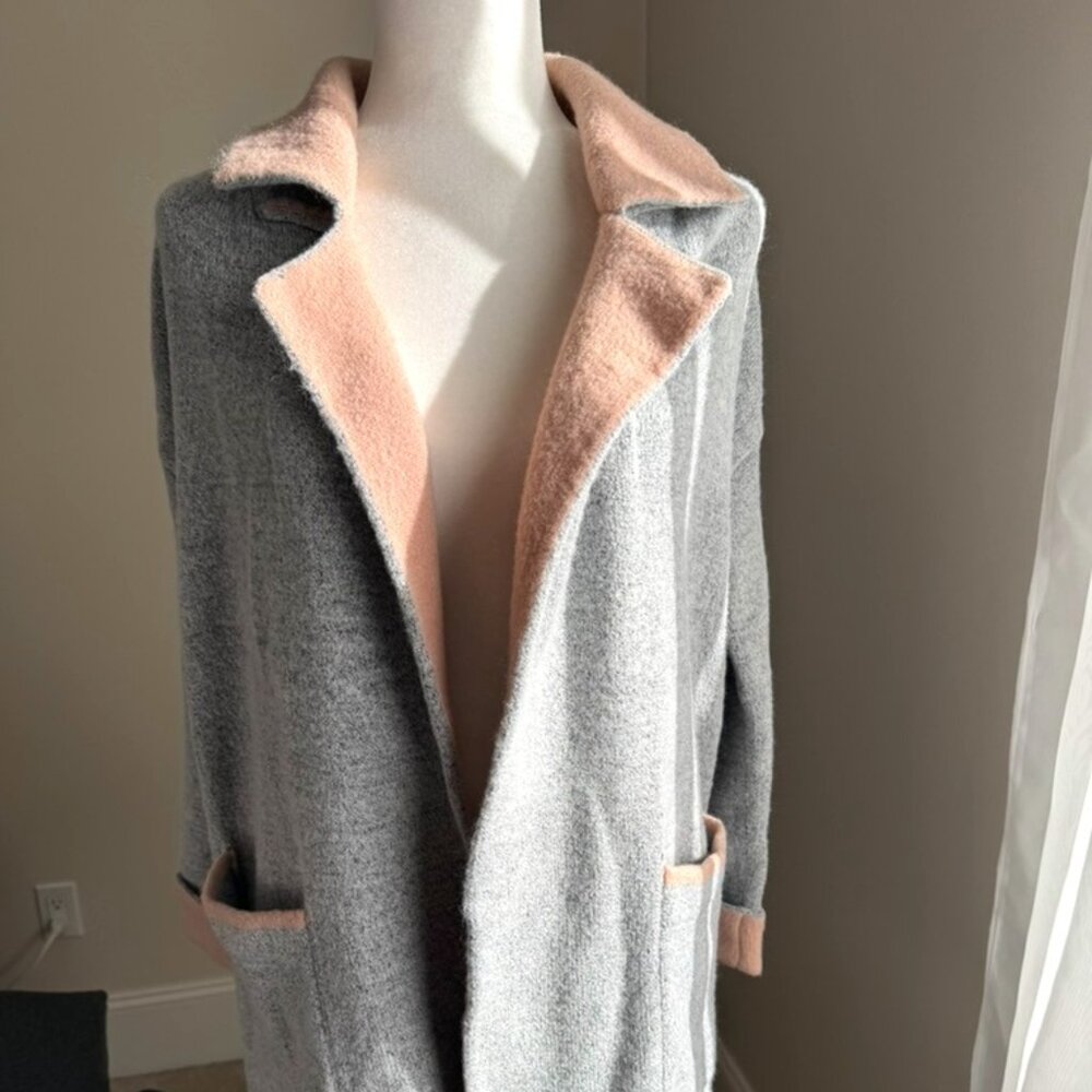 Grey & Pink Chunky Longline Collared Sweater Coat Coatigan Size Small